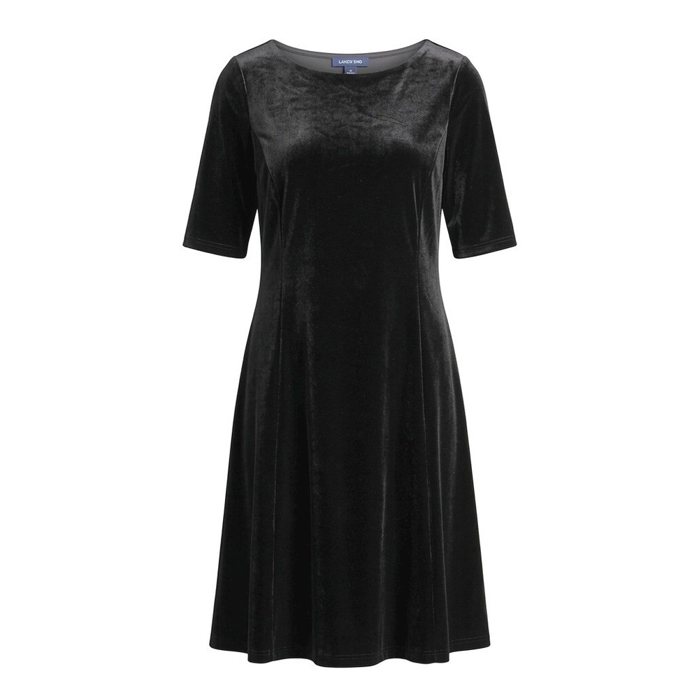 Lands End Women Black Stretch Velvet Short Sleeve A-Line Dress S 6 8 Goth Witchy